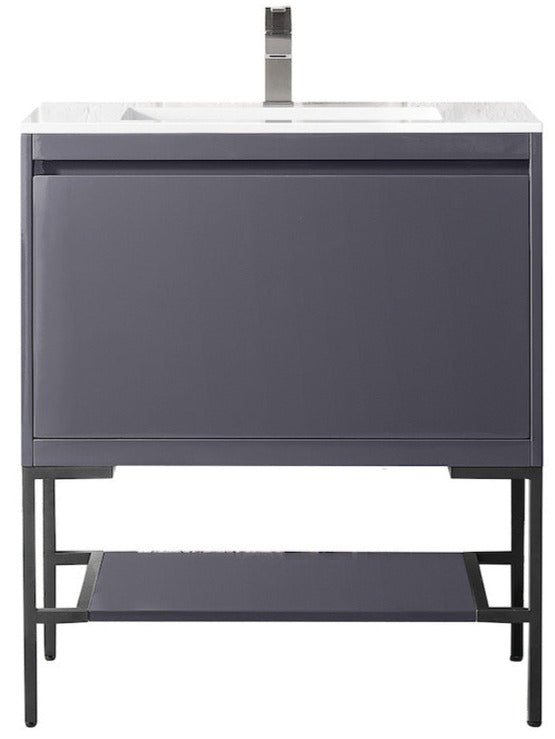 31.5" Milan Single Sink Bathroom Vanity, Modern Grey, Matte Black Base w/ White Top