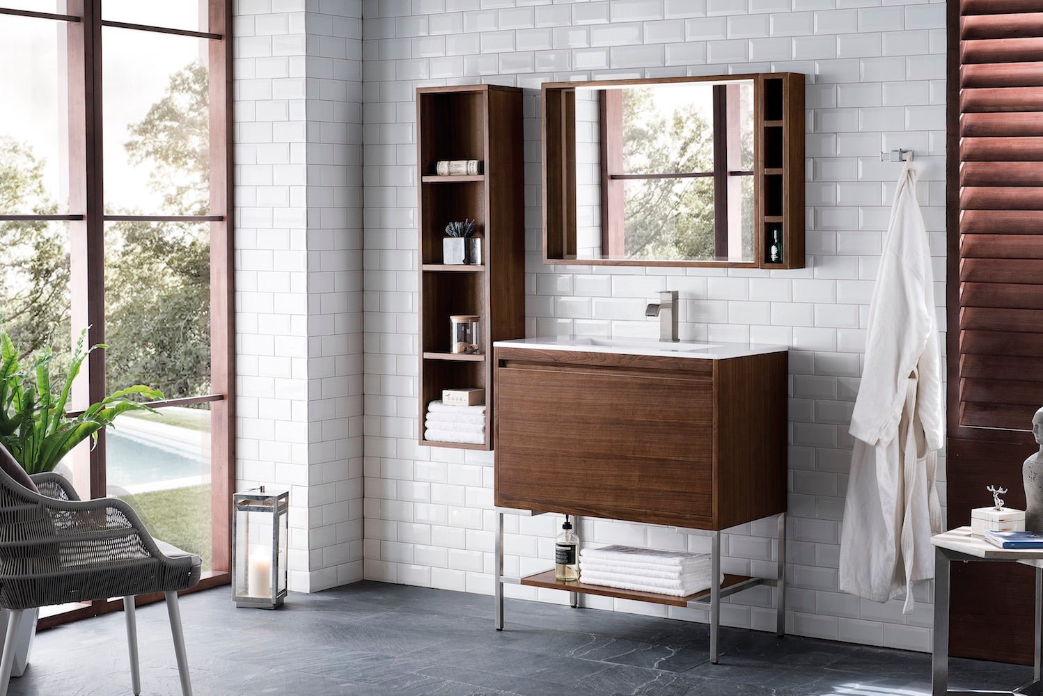 31.5" Milan Single Sink Bathroom Vanity, Mid Century Walnut, Brushed Nickel Base w/ White Top