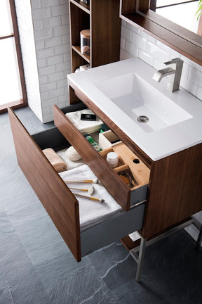 31.5" Milan Single Sink Bathroom Vanity, Mid Century Walnut, Brushed Nickel Base w/ White Top