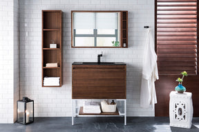 31.5" Milan Single Sink Bathroom Vanity, Mid Century Walnut, Glossy White Base w/ Black Top