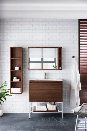 31.5" Milan Single Sink Bathroom Vanity, Mid Century Walnut, Glossy White Base w/ White Top