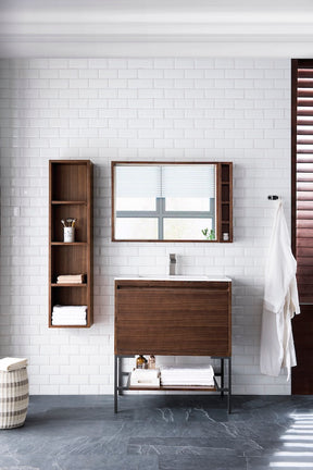 31.5" Milan Single Sink Bathroom Vanity, Mid Century Walnut, Matte Black Base w/ White Top
