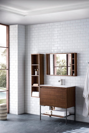 31.5" Milan Single Sink Bathroom Vanity, Mid Century Walnut, Matte Black Base w/ White Top