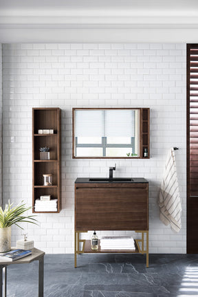 31.5" Milan Single Sink Bathroom Vanity, Mid Century Walnut, Radiant Gold Base w/ Black Top