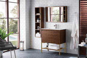 31.5" Milan Single Sink Bathroom Vanity, Mid Century Walnut, Radiant Gold Base w/ White Top