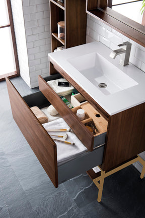 31.5" Milan Single Sink Bathroom Vanity, Mid Century Walnut, Radiant Gold Base w/ White Top