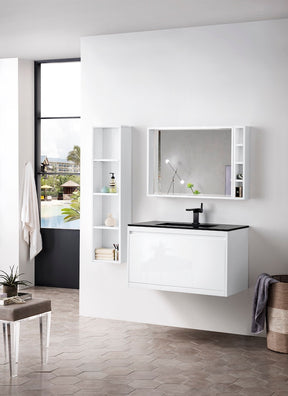 35.4" Milan Single Sink Bathroom Vanity, Glossy White w/ Black Top