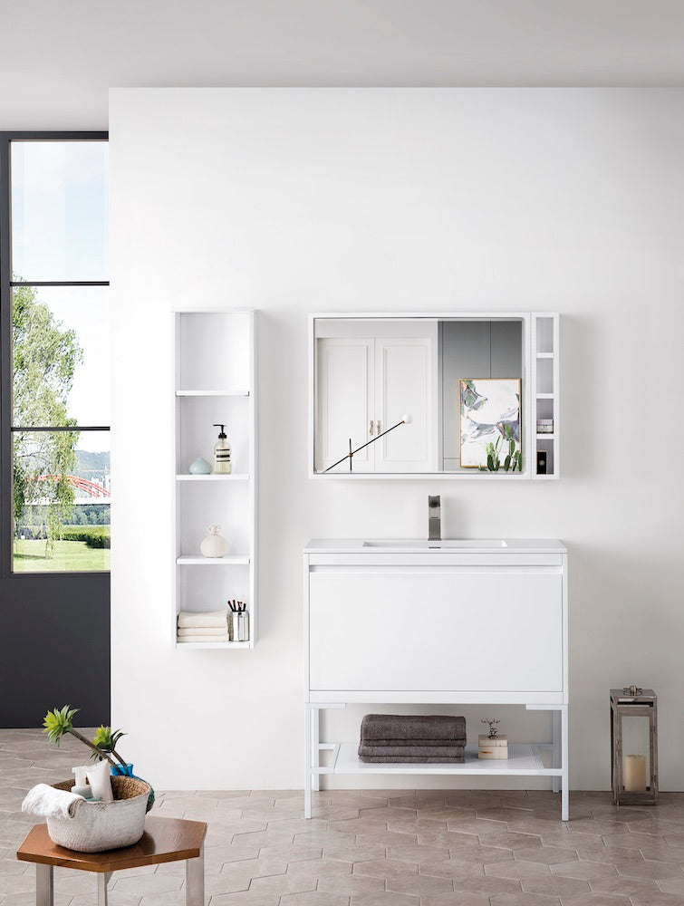 35.4" Milan Single Sink Bathroom Vanity, Glossy White, Glossy White Base w/ White Top