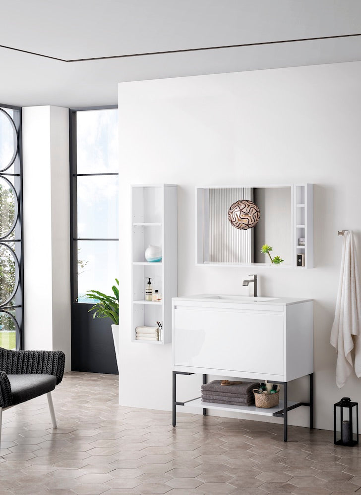35.4" Milan Single Sink Bathroom Vanity, Glossy White, Matte Black Base w/ White Top