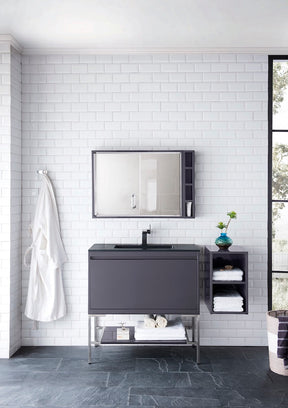 35.4" Milan Single Sink Bathroom Vanity, Modern Grey, Brushed Nickel Base w/ Black Top