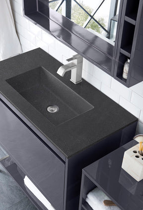 35.4" Milan Single Sink Bathroom Vanity, Modern Grey, Brushed Nickel Base w/ Black Top