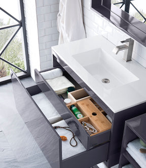35.4" Milan Single Sink Bathroom Vanity, Modern Grey, Brushed Nickel Base w/ White Top