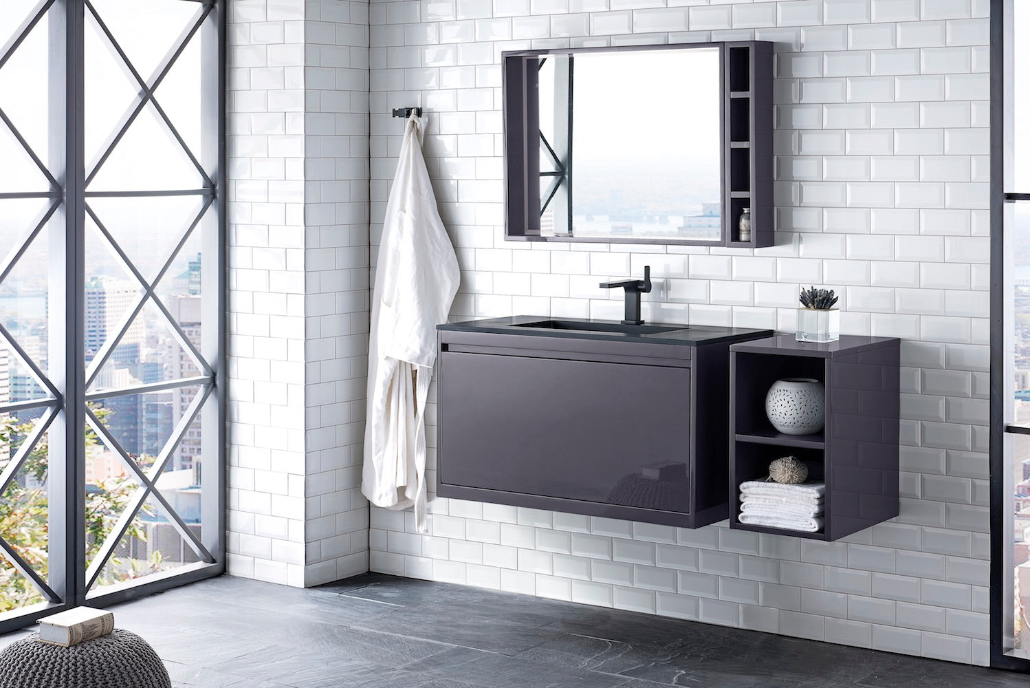 35.4" Milan Single Sink Bathroom Vanity, Modern Grey w/ Black Top