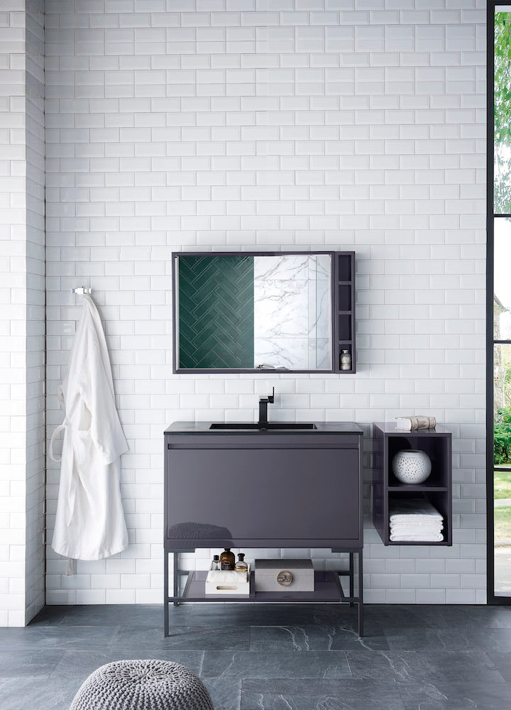 35.4" Milan Single Sink Bathroom Vanity, Modern Grey, Matte Black Base w/ Black Top