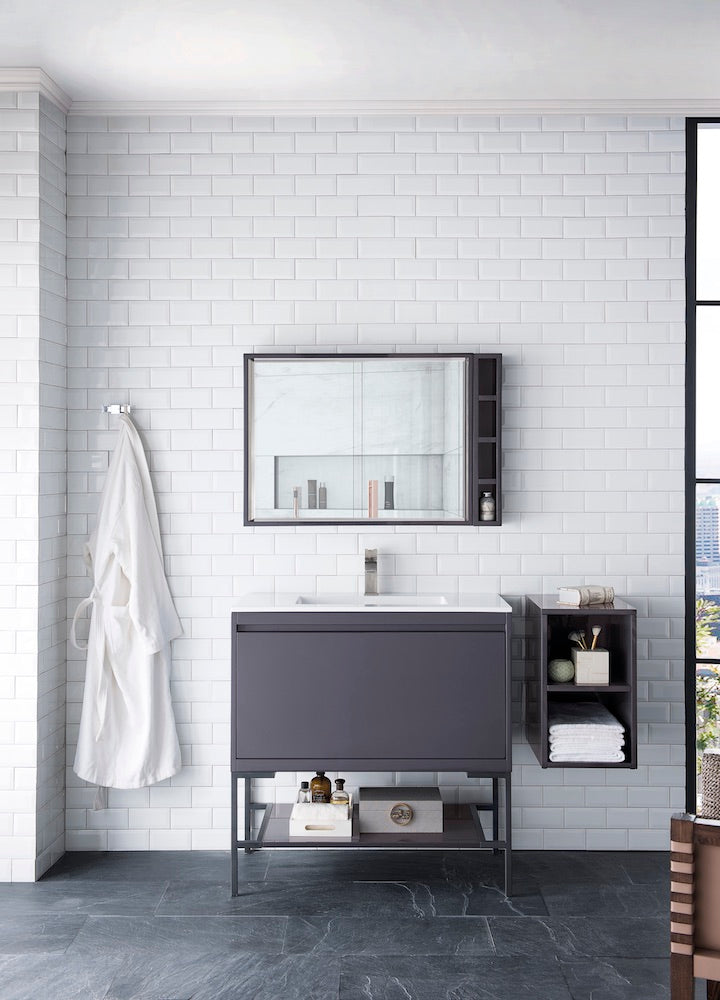 35.4" Milan Single Sink Bathroom Vanity, Modern Grey, Matte Black Base w/ White Top