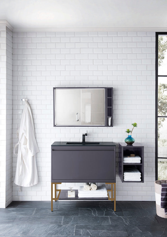 35.4" Milan Single Sink Bathroom Vanity, Modern Grey, Radiant Gold Base w/ Black Top