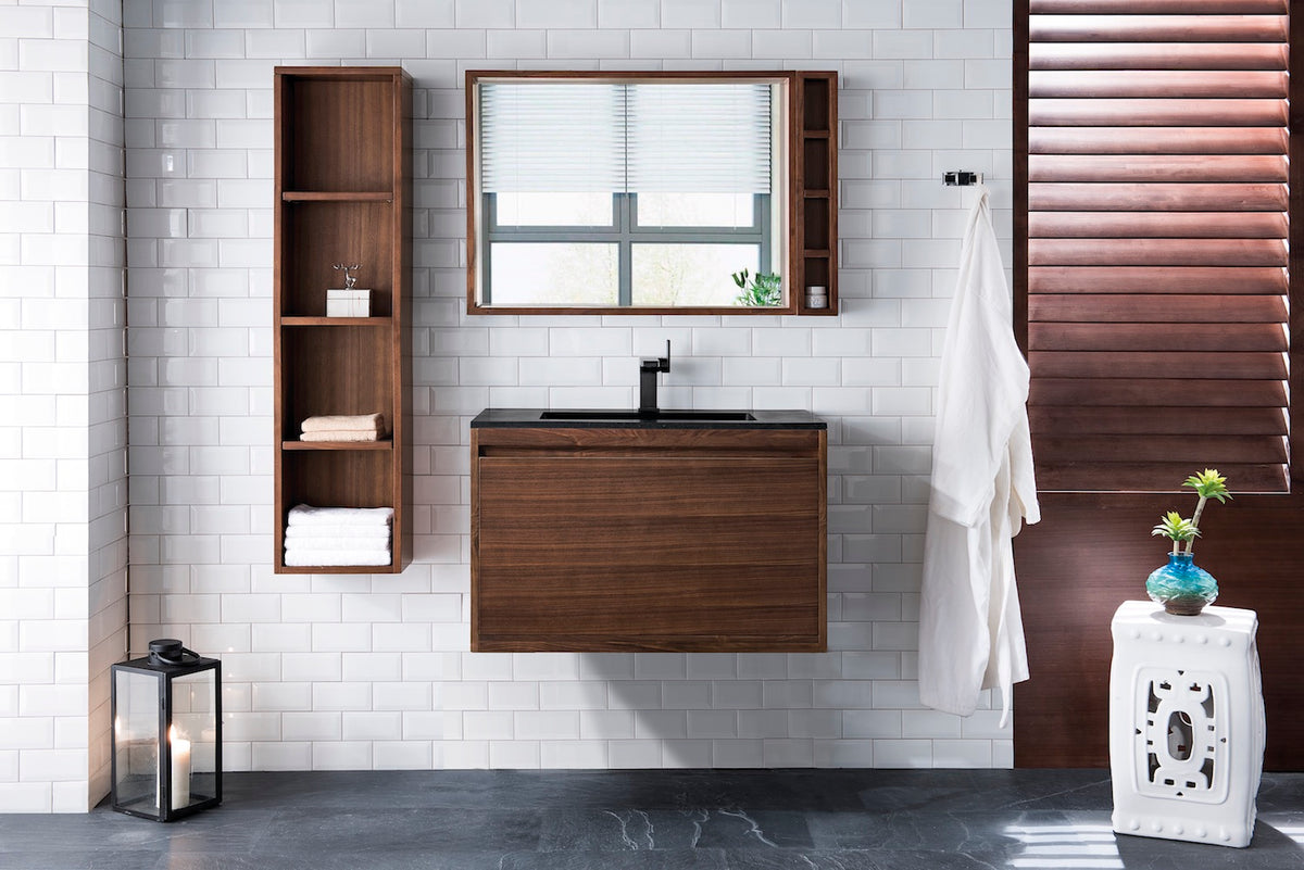 35.4" Milan Single Sink Bathroom Vanity, Mid Century Walnut w/ Black Top