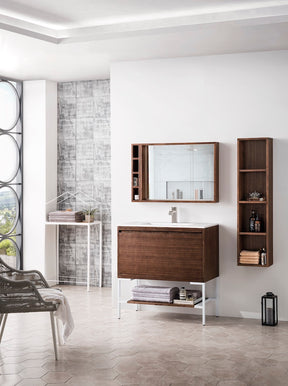 35.4" Milan Single Sink Bathroom Vanity, Mid Century Walnut, Glossy White Base w/ White Top