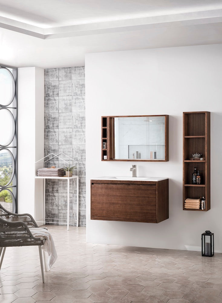 35.4" Milan Single Sink Bathroom Vanity, Mid Century Walnut w/ White Top