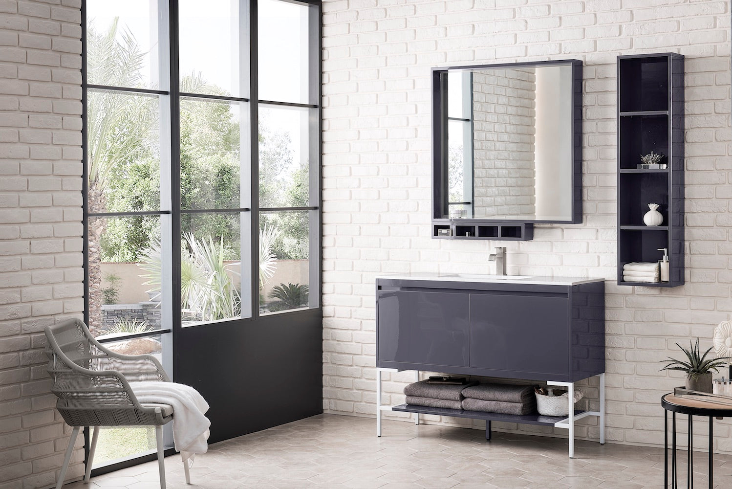47.3" Milan Single Sink Bathroom Vanity, Modern Grey, Glossy White Base w/ White Top