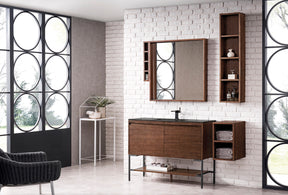 47.3" Milan Single Sink Bathroom Vanity, Mid Century Walnut, Matte Black Base w/ Black Top