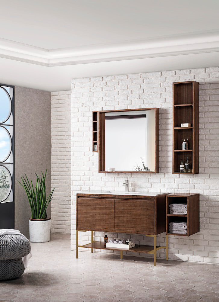47.3" Milan Single Sink Bathroom Vanity, Mid Century Walnut, Radiant Gold Base w/ White Top
