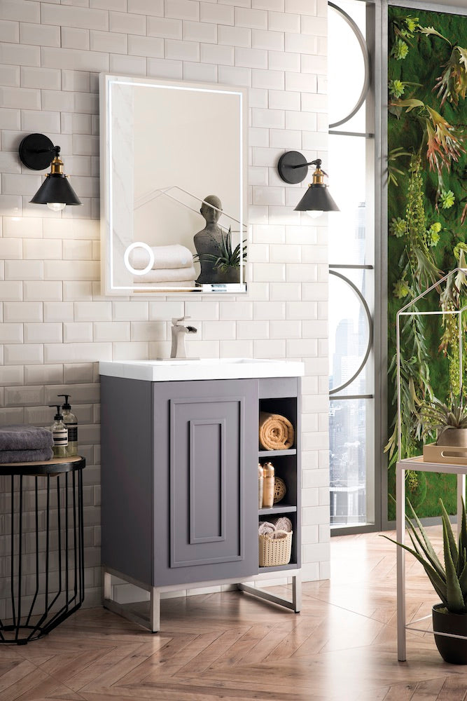24" Alicante Single Sink Bathroom Vanity, Grey Smoke, Brushed Nickel w/ Countertop