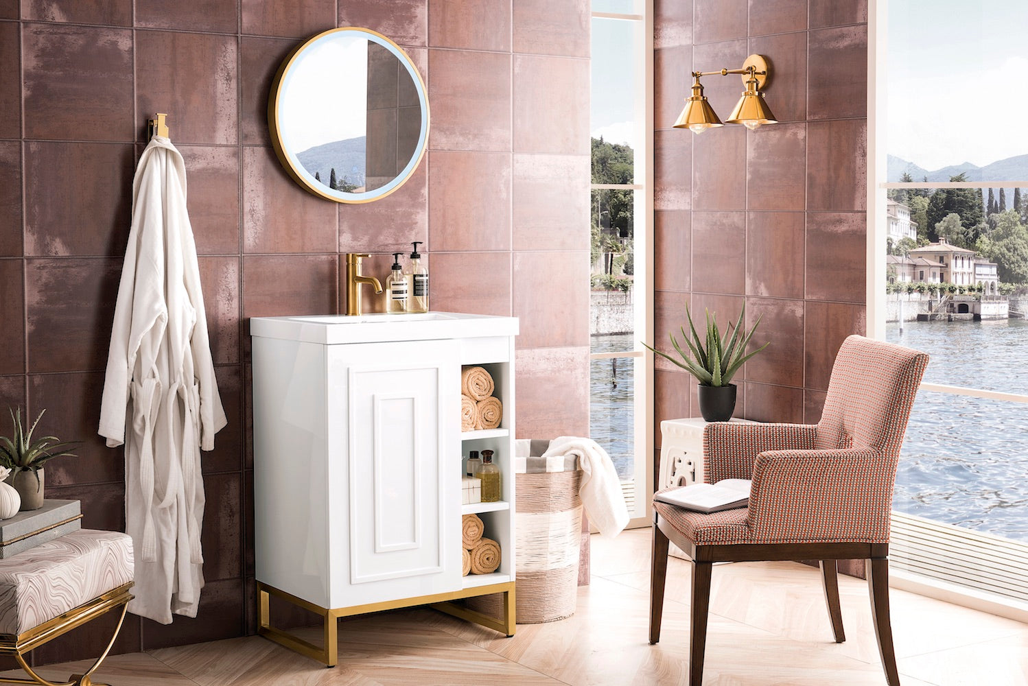 24" Alicante Single Sink Bathroom Vanity, Glossy White, Radiant Gold w/ Countertop