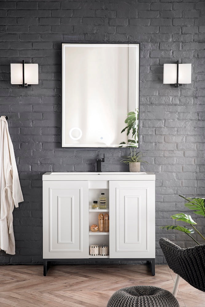 39.5" Alicante Single Sink Bathroom Vanity, Glossy White, Matte Black w/ Countertop