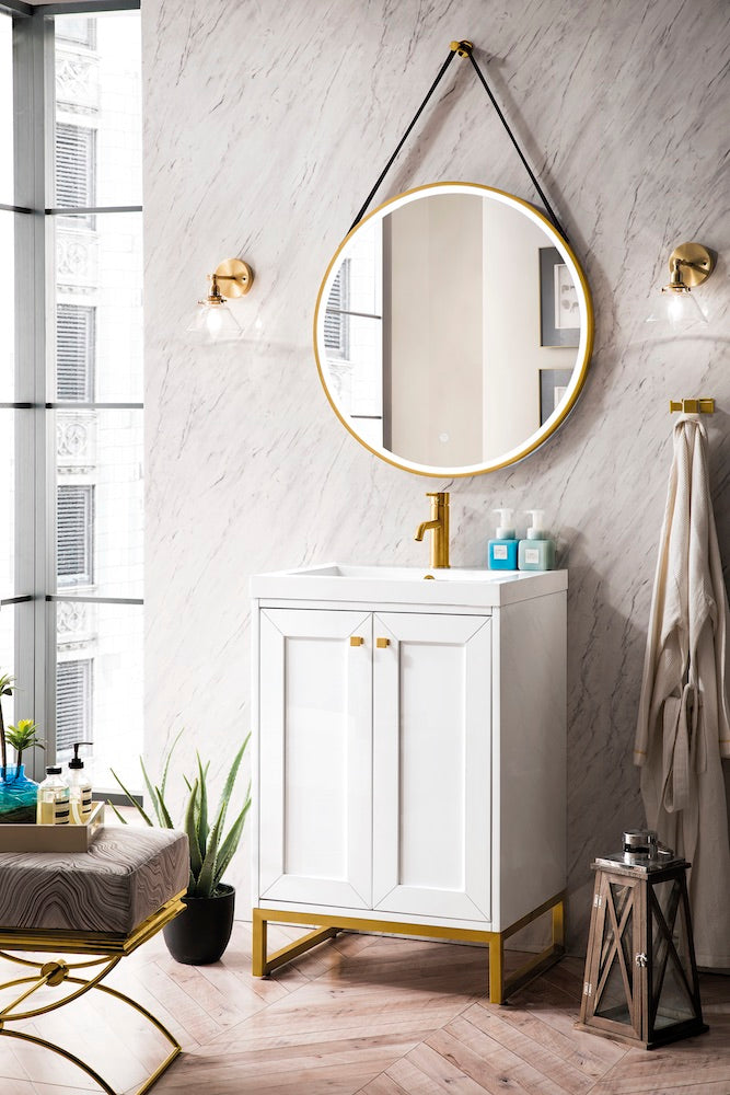 24" Chianti Single Sink Bathroom Vanity, Glossy White, Radiant Gold w/ Countertop